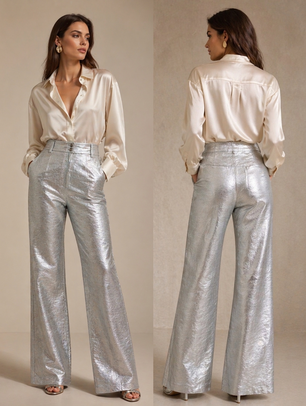 Escada Light Blue Metallic Snakeskin Print Cotton Flare Pants